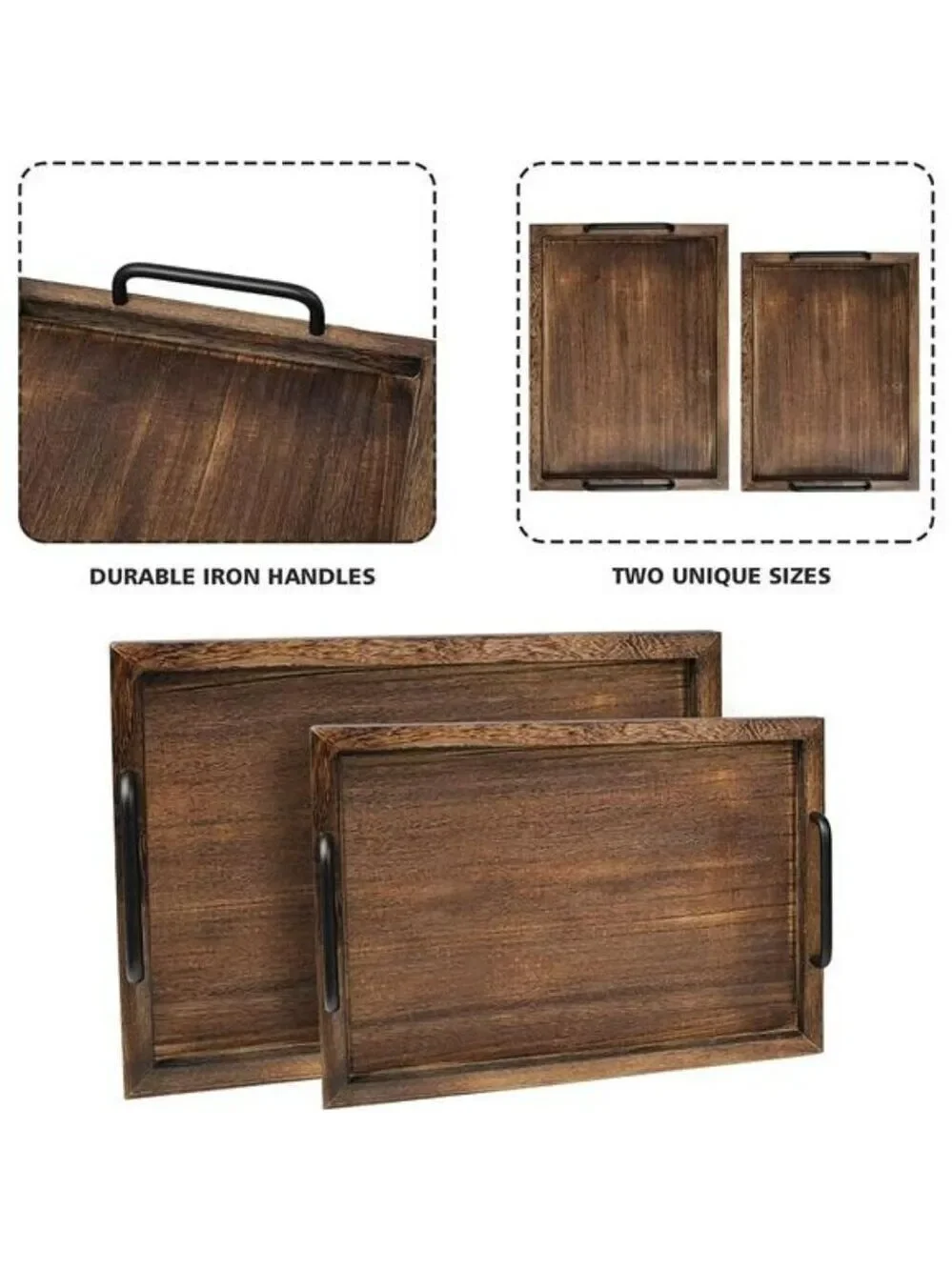 Rustic Wood Serving Trays Set of 2 with Handles Farmhouse Coffee Table Decor